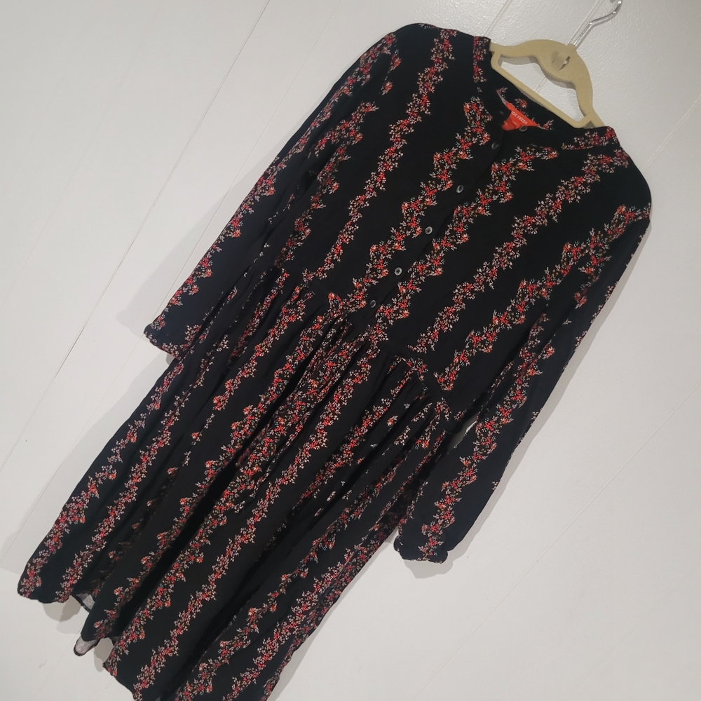 Long Black Floral Peasant Dress, Draw String Waist, Button Up Top, Side Pockets